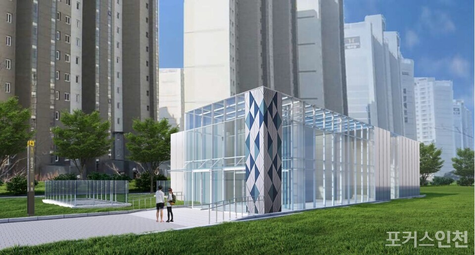 루원시티 루에블리 인근에 지어지는 002역의 건물형 출입구는 통유리로 설계해 '토파즈'를 콘셉트로 하여 개방감을 극대화하도록 설계됐다 (자료=인천시도시철도건설본부)